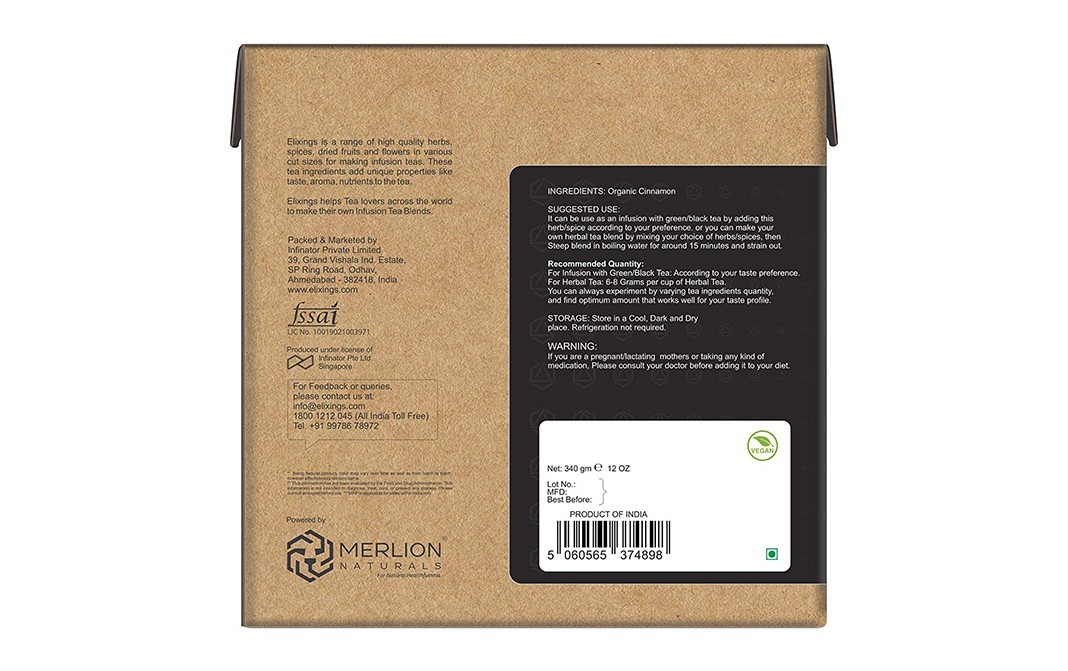 Elixings Organic Cinnamon Cinnamomum Verum Loose Leaf Cut   Box  340 grams